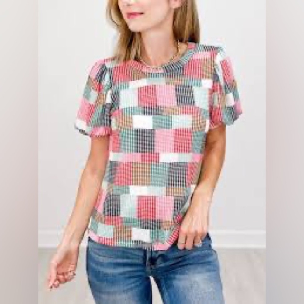 Hayden Los Angeles | Puff Sleeve Waffle‑Knit Top | Multicolor Patchwork | S